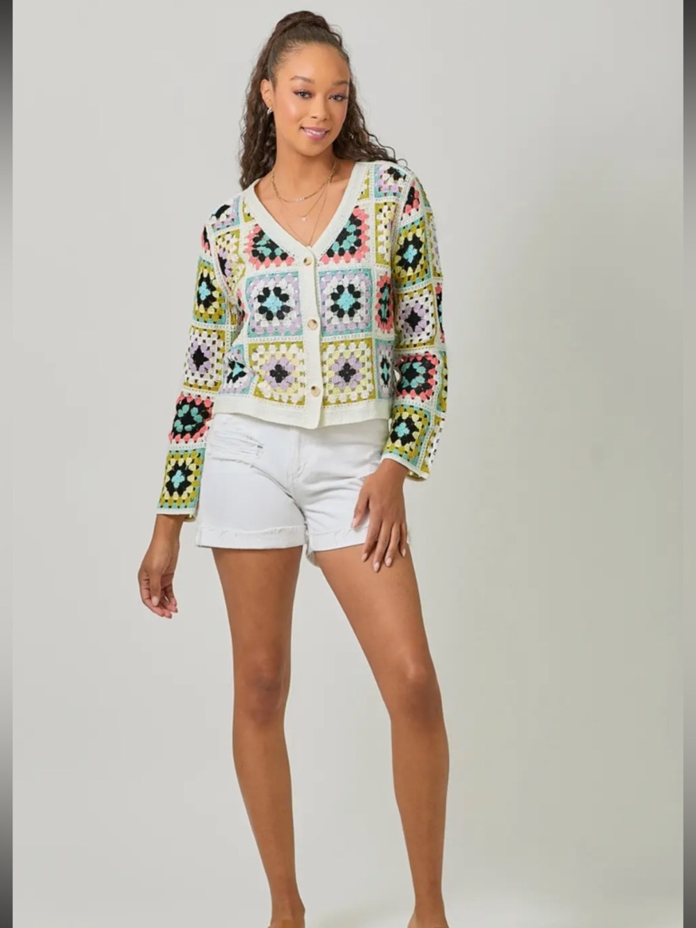 2000. Crocheted granny square button up summer cardigan